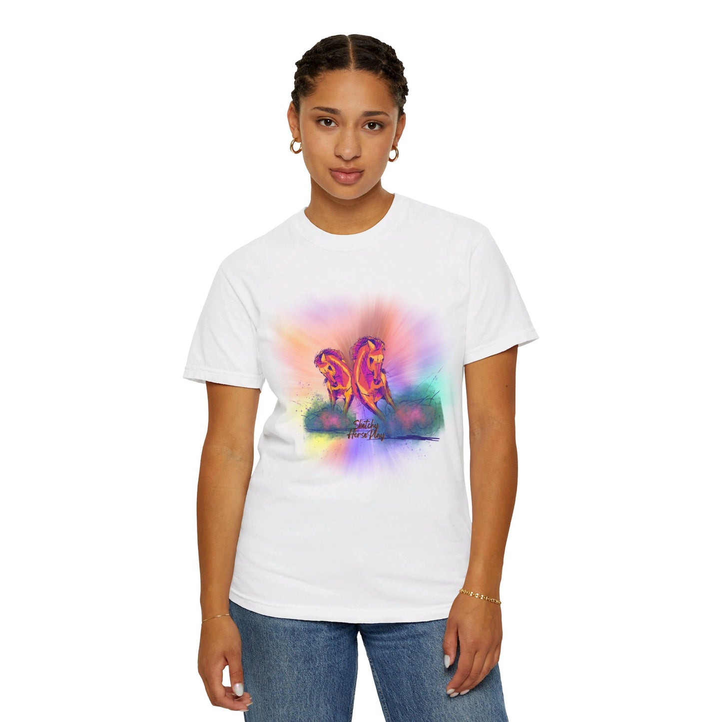 Colorful "Sketchy Horseplay" Comfort Colors T-Shirt With Design