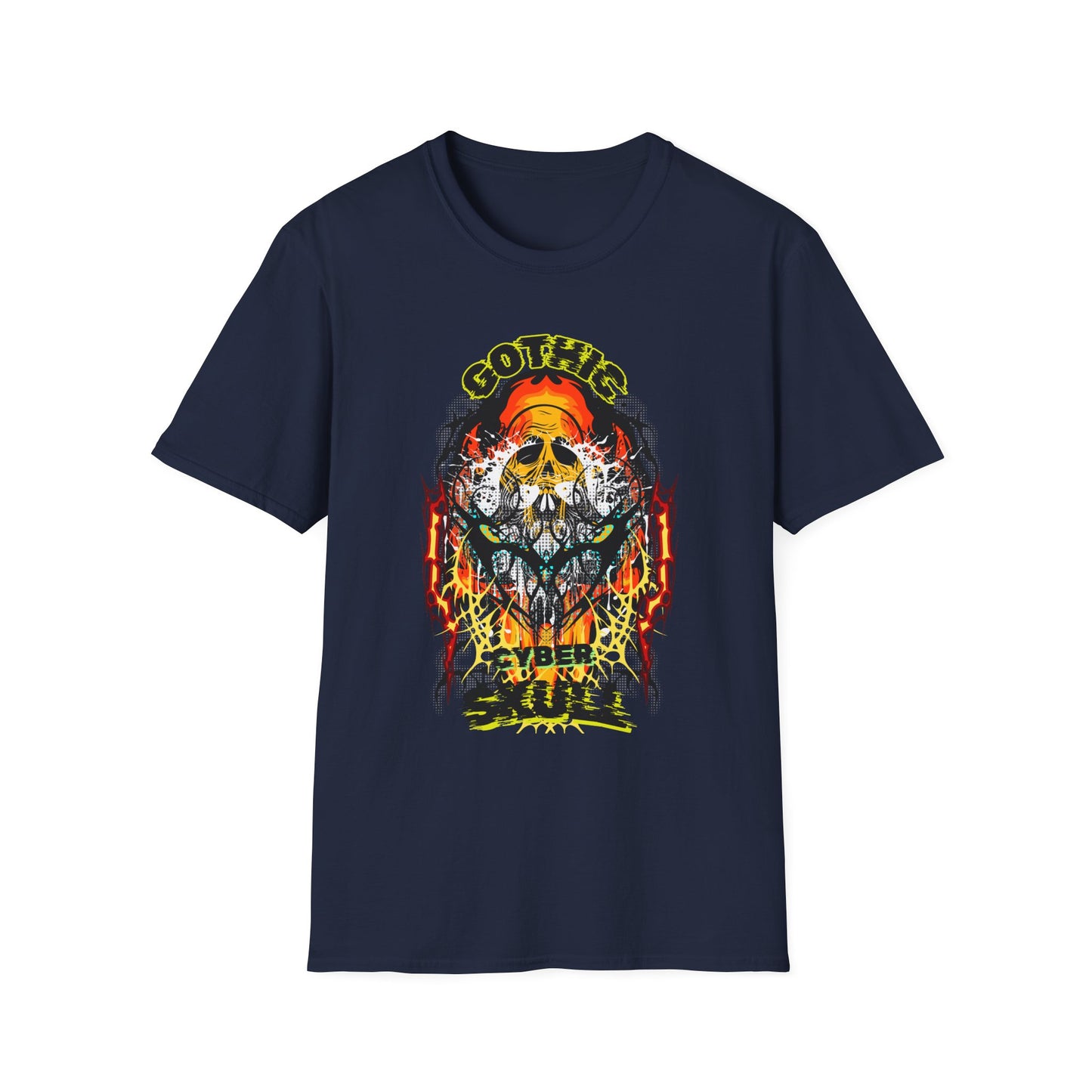 Gothic Cyber Skull Unisex Softstyle T-Shirt - Edgy Graphic Tee for Rock Lovers, Festival Apparel, Alternative Fashion, Gift for Him/Her