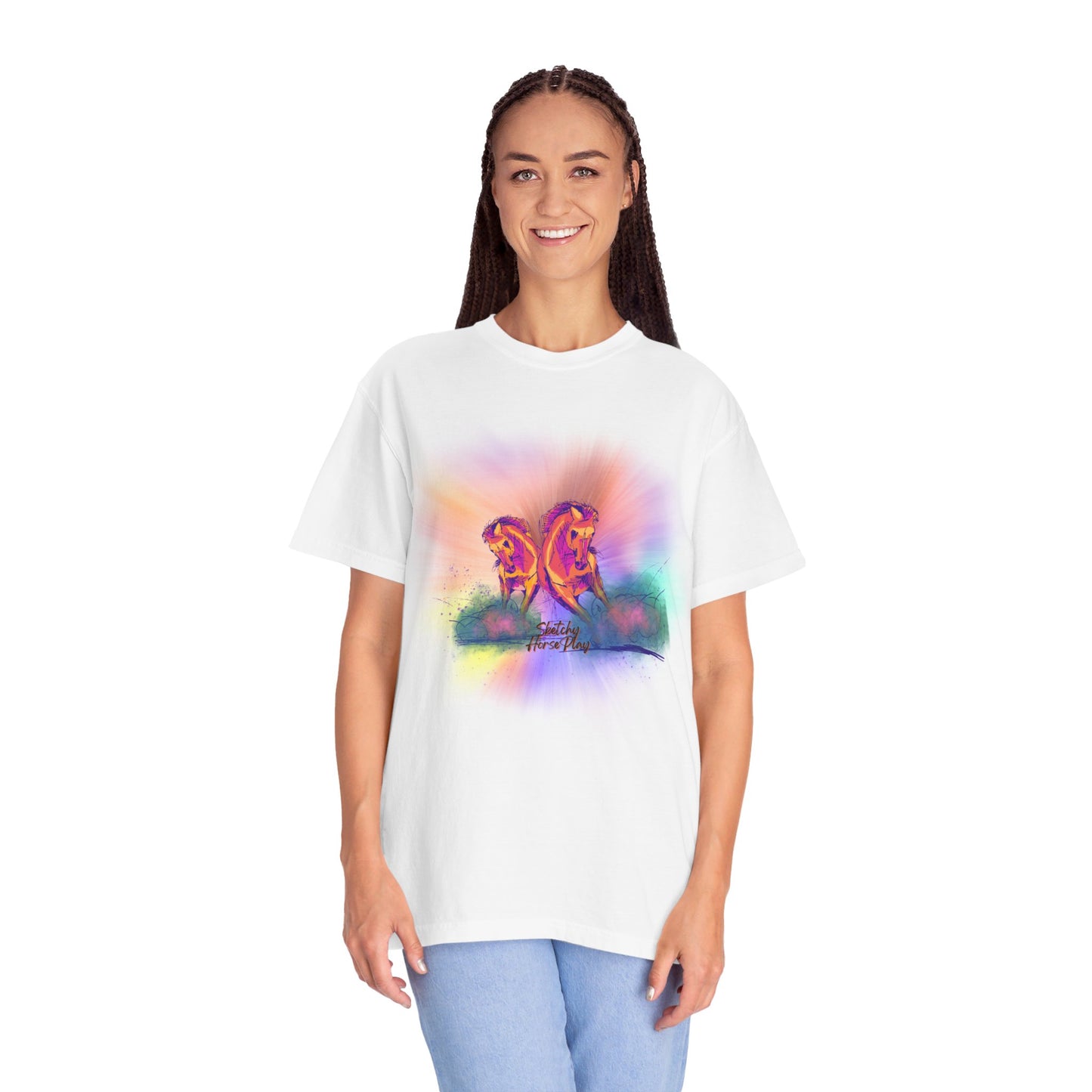 Colorful "Sketchy Horseplay" Comfort Colors T-Shirt With Design