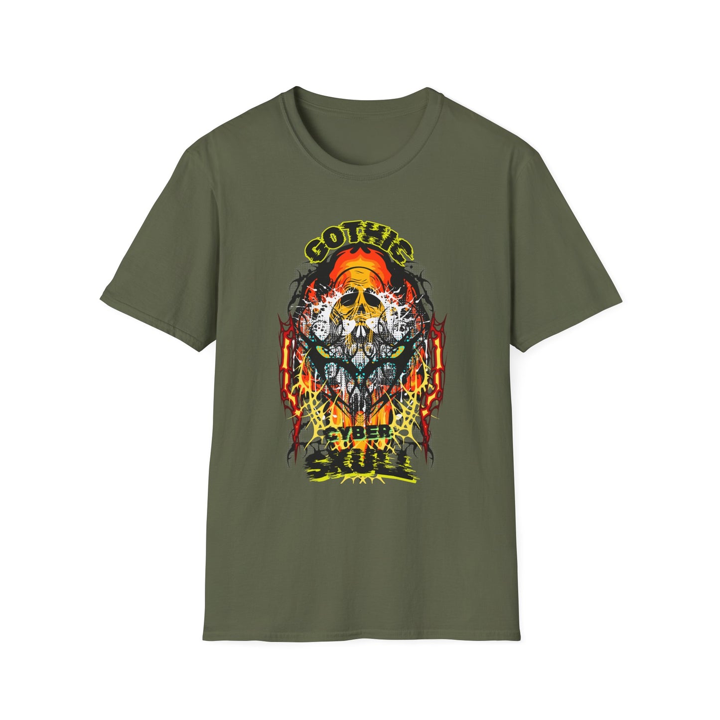 Gothic Cyber Skull Unisex Softstyle T-Shirt - Edgy Graphic Tee for Rock Lovers, Festival Apparel, Alternative Fashion, Gift for Him/Her