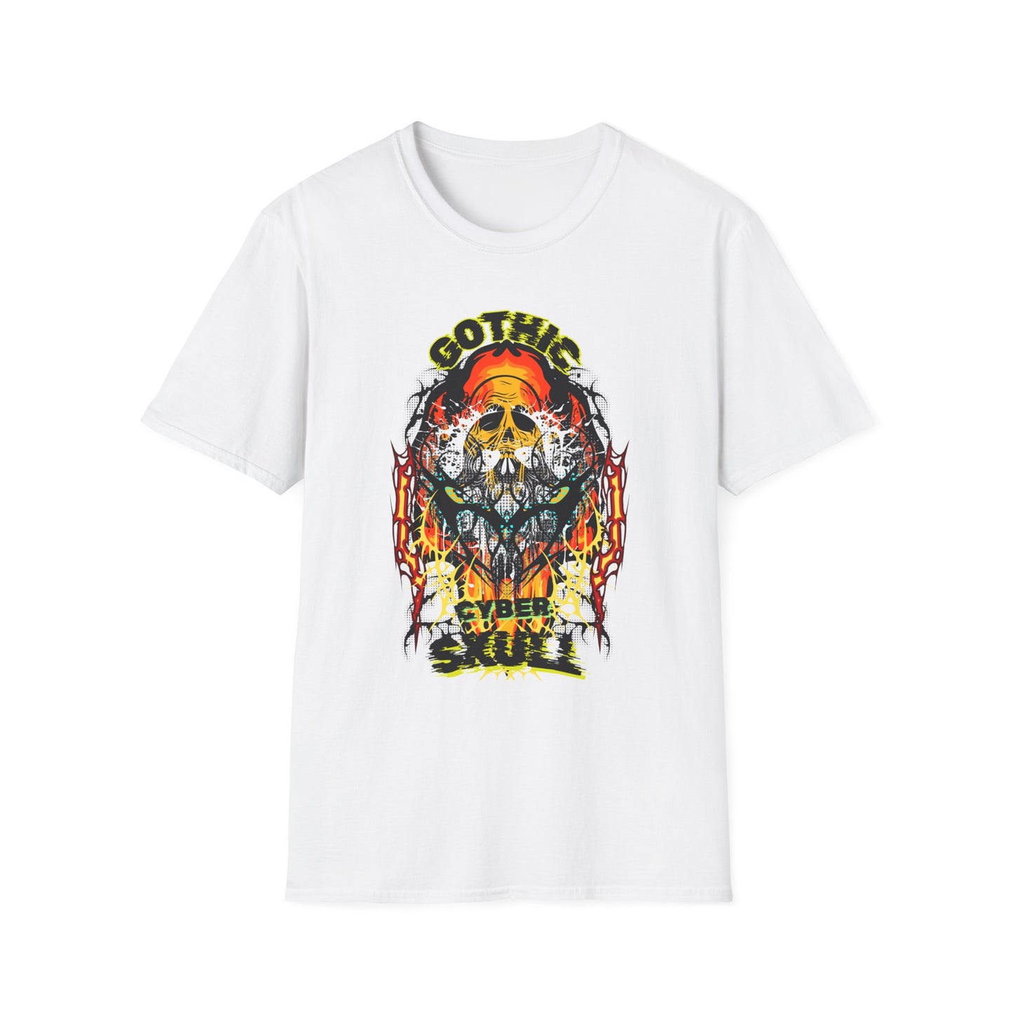 Gothic Cyber Skull Unisex Softstyle T-Shirt - Edgy Graphic Tee for Rock Lovers, Festival Apparel, Alternative Fashion, Gift for Him/Her