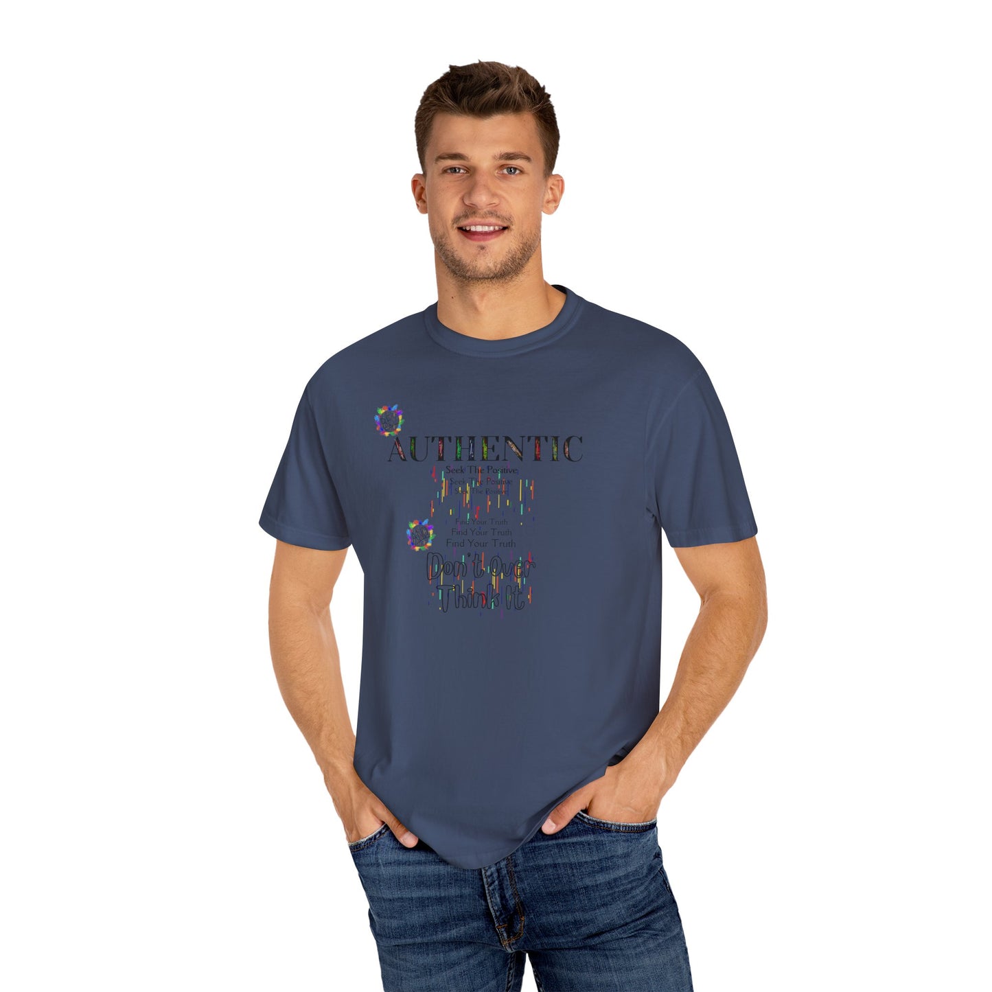 Comfort Colors Striped T-shirt with Positive Affirmation "Authentic" Motif
