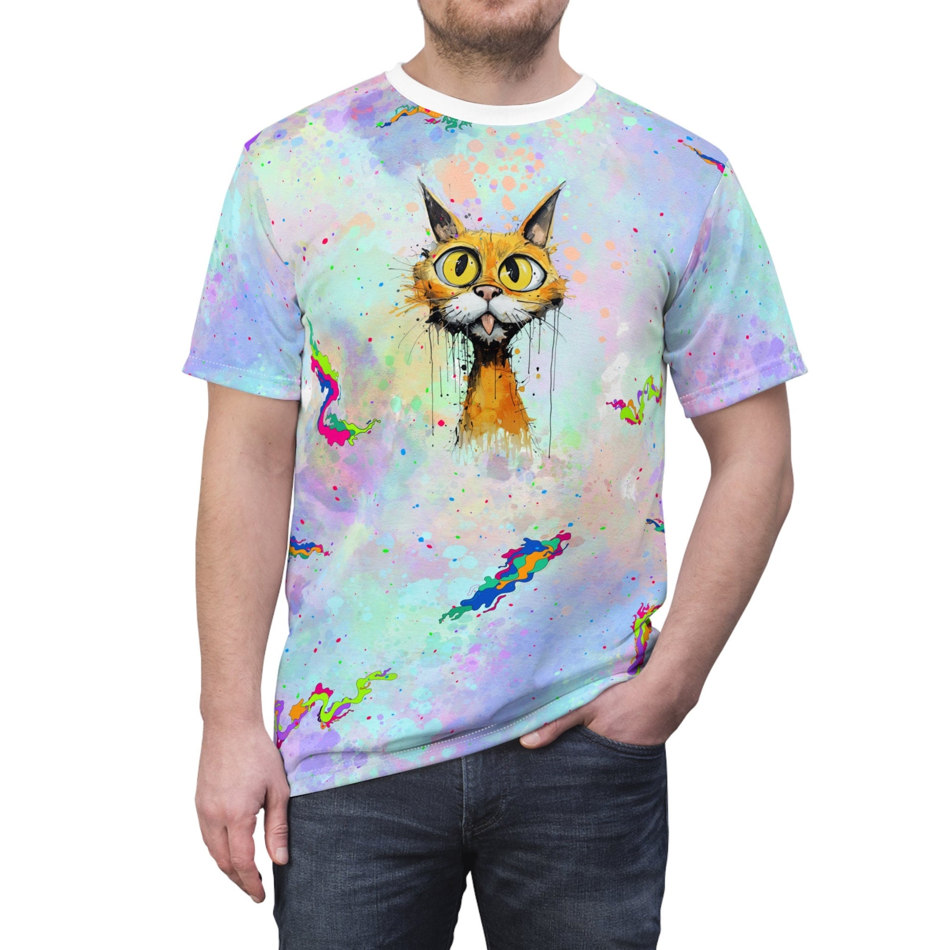 Colorful Cat Paint-Splatter "All Over Print" Unisex Cut & Sew T-Shirt
