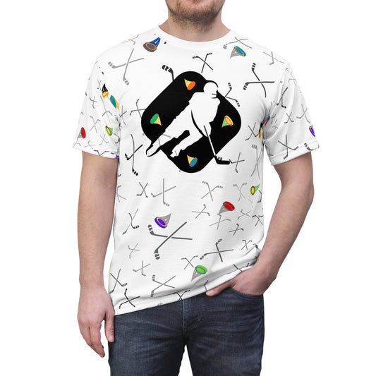 Colorful Flying Hockey Puck "All Over Print" Unisex Cut & Sew T-Shirt