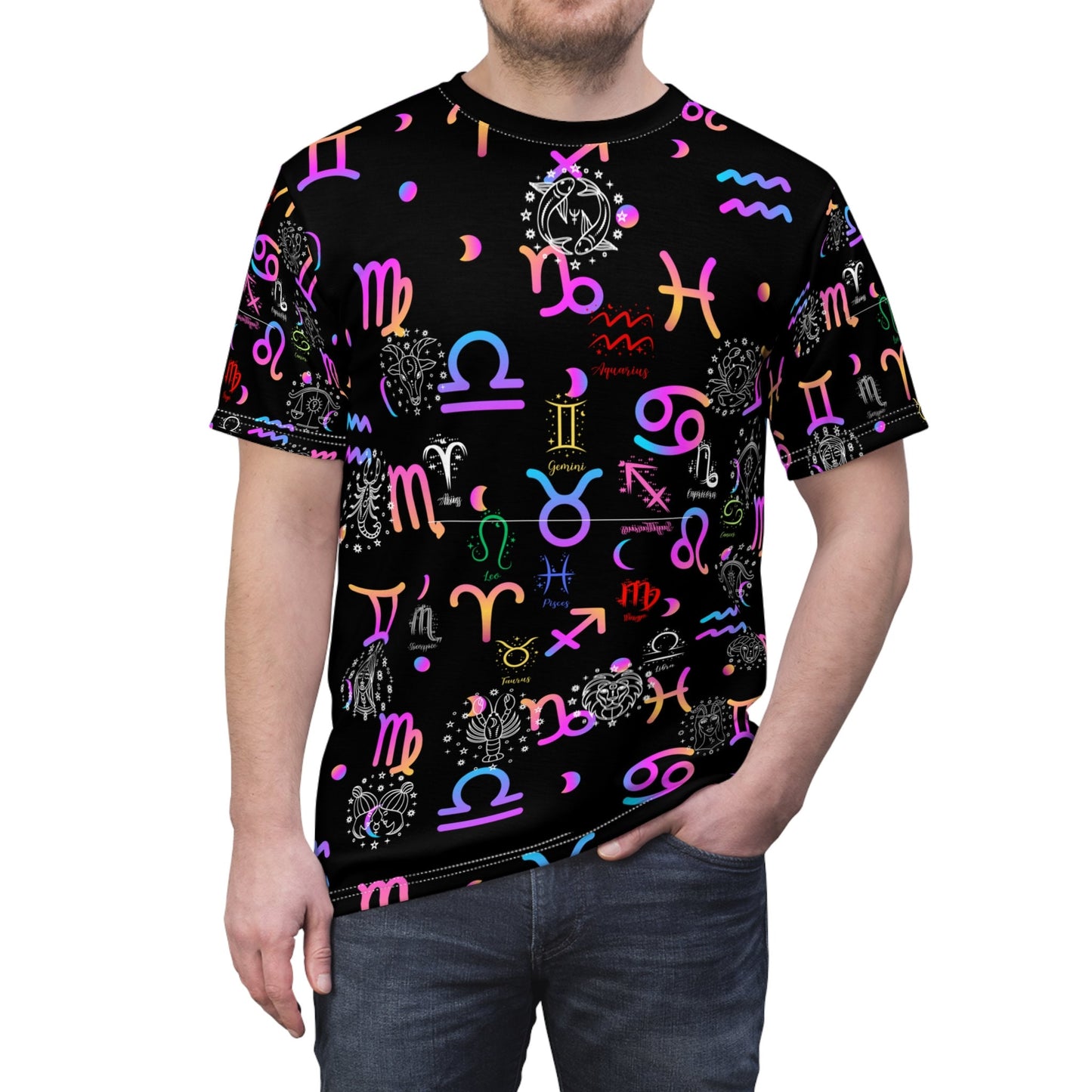 Colorful Neon Zodiac Signs "All Over Print" Unisex Cut & Sew T-Shirt