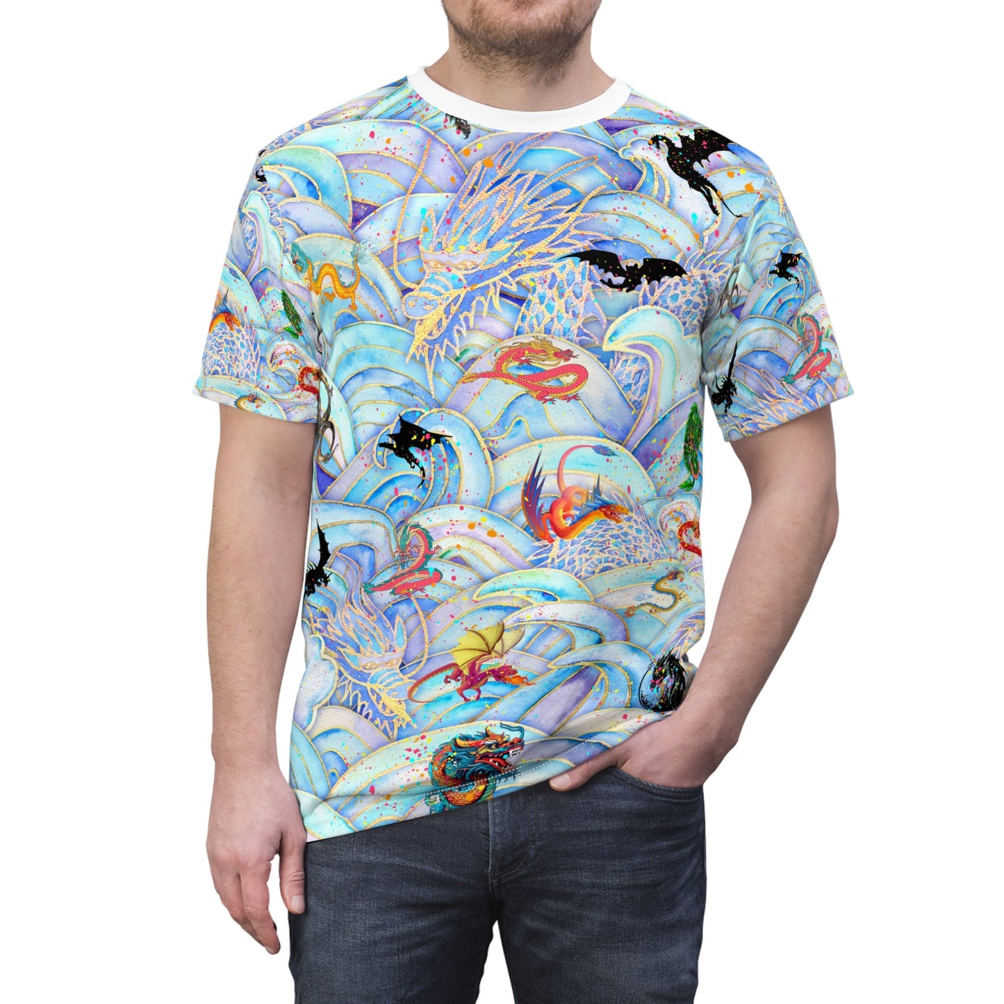 Colorful Paint Spots Dragon "All Over Print" Unisex Cut & Sew T-Shirt