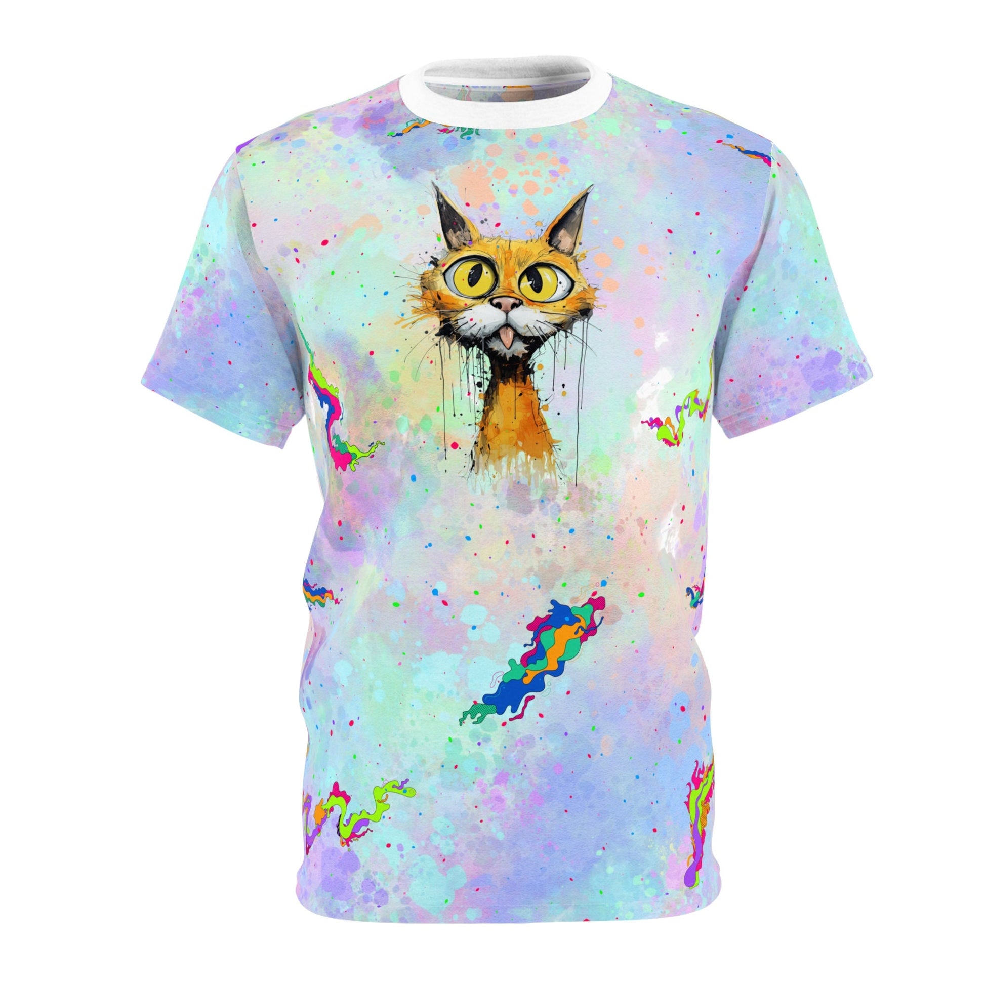 Colorful Cat Paint-Splatter "All Over Print" Unisex Cut & Sew T-Shirt