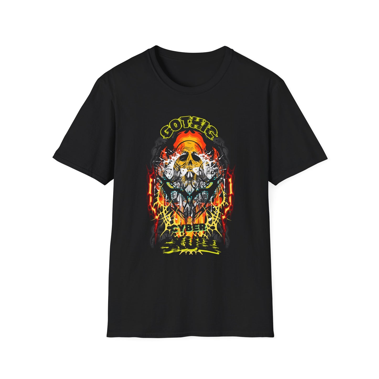 Gothic Cyber Skull Unisex Softstyle T-Shirt - Edgy Graphic Tee for Rock Lovers, Festival Apparel, Alternative Fashion, Gift for Him/Her