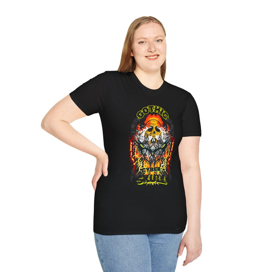 Gothic Cyber Skull Unisex Softstyle T-Shirt - Edgy Graphic Tee for Rock Lovers, Festival Apparel, Alternative Fashion, Gift for Him/Her